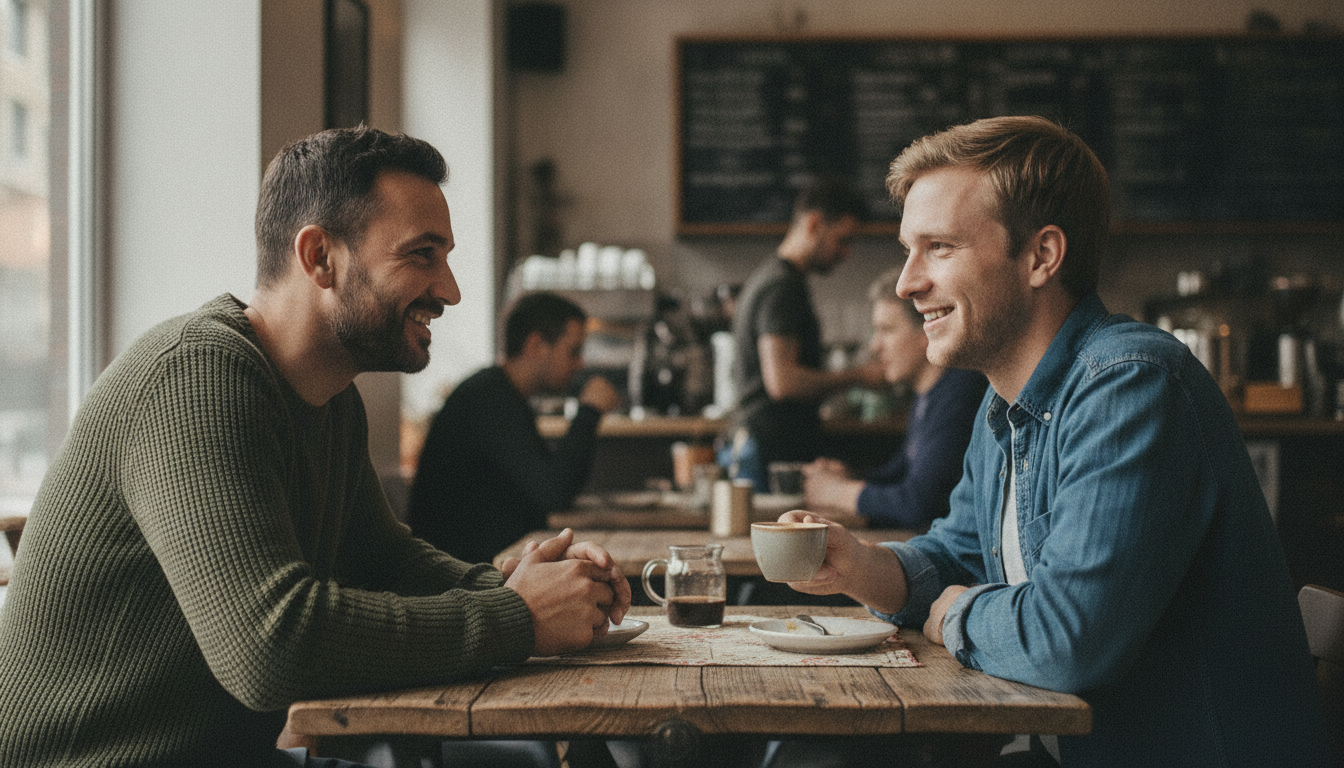 Zwei Männer führen ein ehrliches Gespräch über ihre Beziehungswünsche im Café