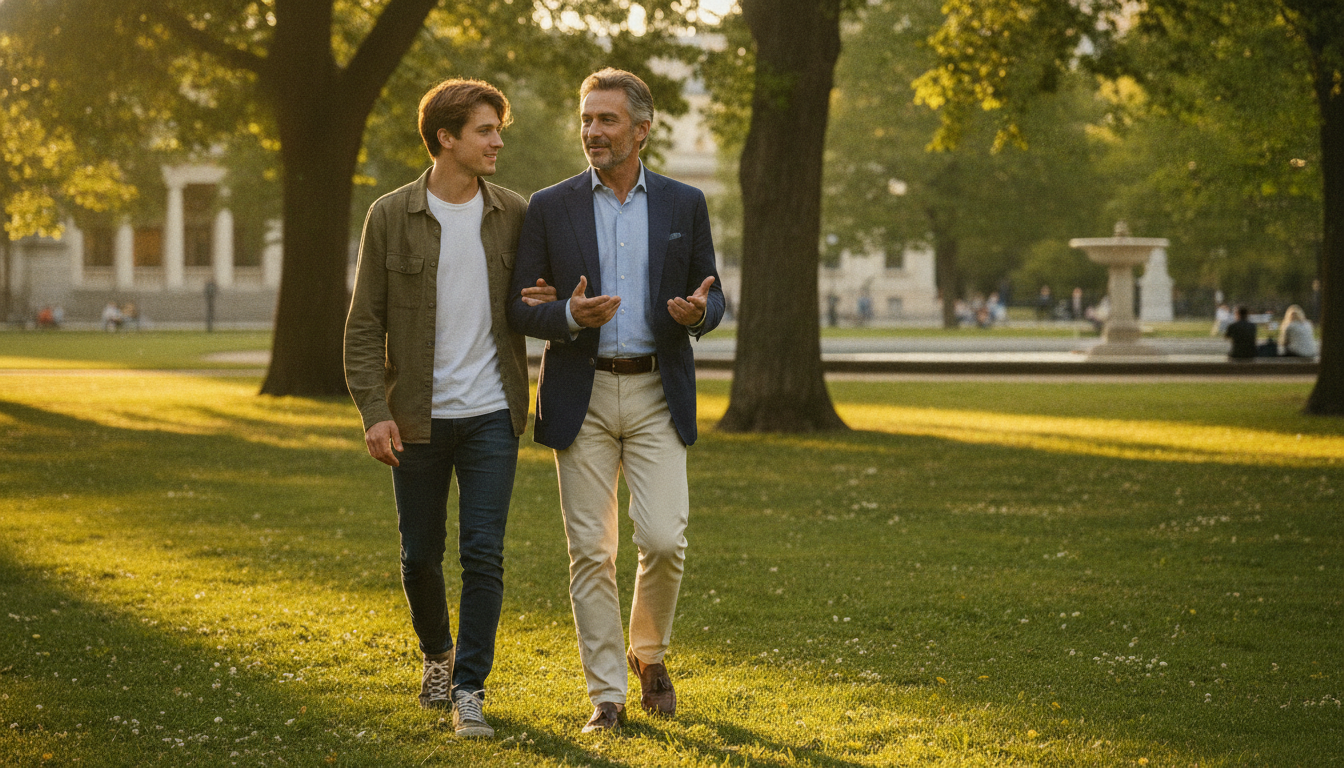Ein reiferer Mann und ein jüngerer Mann spazieren gemeinsam im Park und unterhalten sich