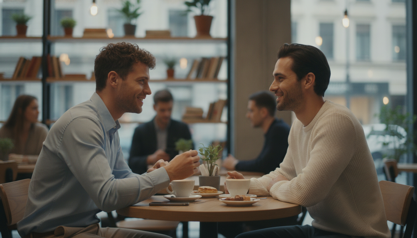 Deux hommes font connaissance lors d'un premier rendez-vous dans un café
