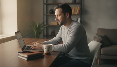 Mann schreibt konzentriert an seinem Laptop eine ernsthafte Kontaktanzeige