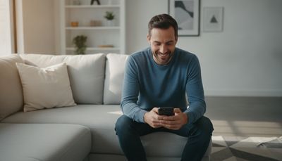 Homme détendu chez lui, souriant en regardant son smartphone